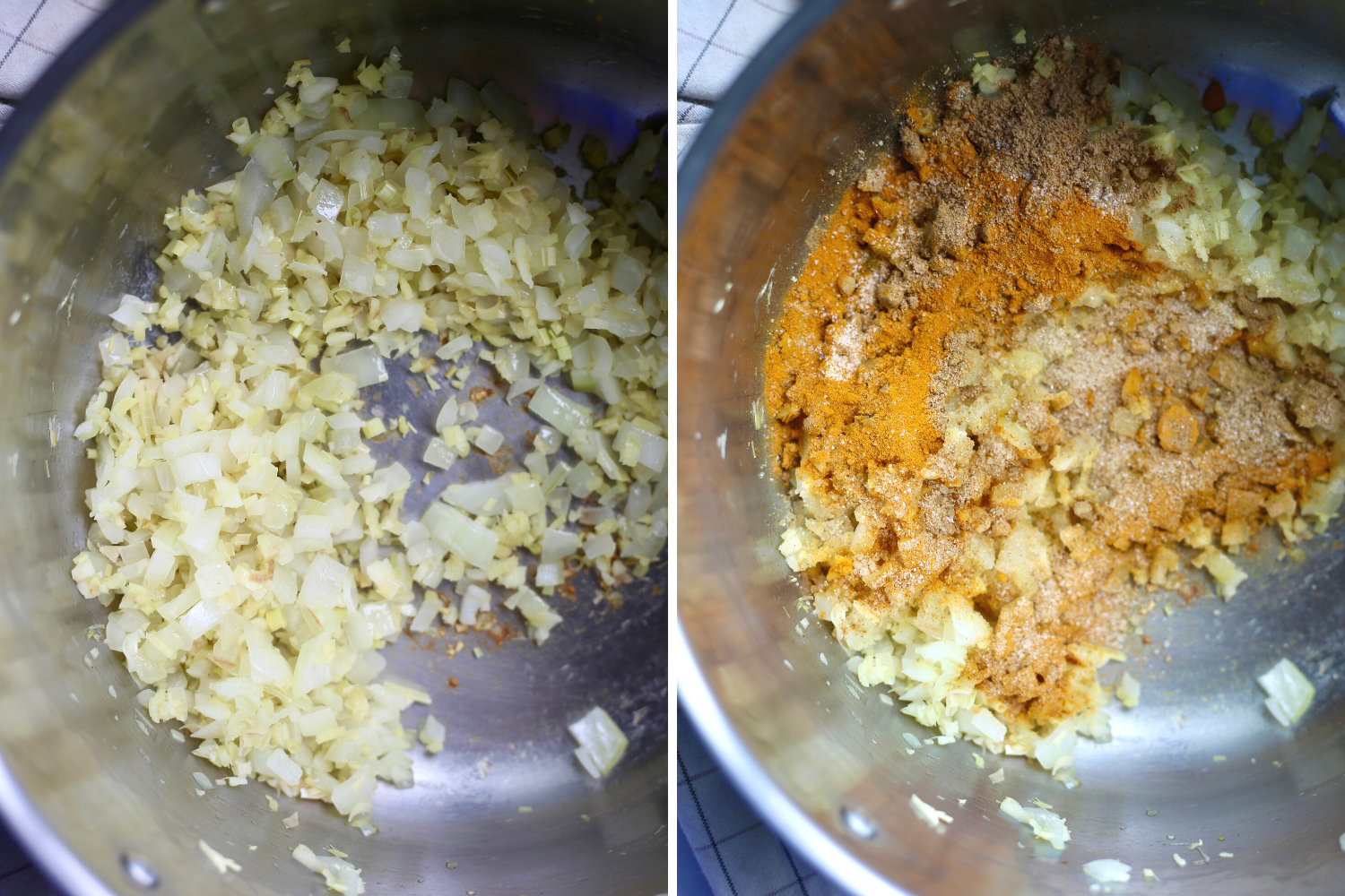 spices coating sautéed onions in a pot for massaman curry