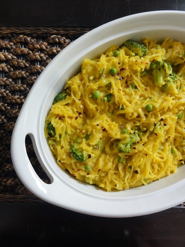 Cheesy Vegan Spaghetti Squash and Broccoli Casserole in a container