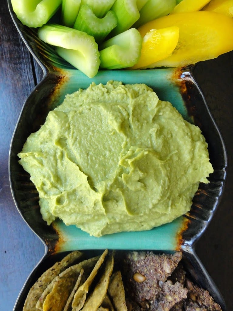 Avocado Hummus along with veggies and crackers