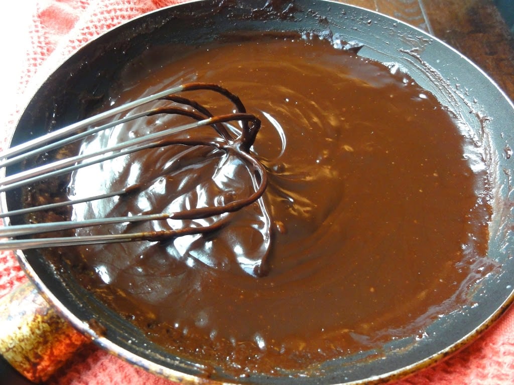 whisked chocolate and milk in a skillet