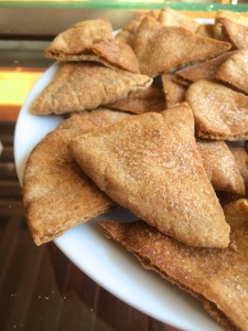 cinnamon sugar pita chips on a plate from side