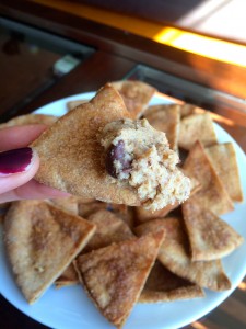 Healthy cookie dough on a Homemade Cinnamon and Sugar Pita Chips