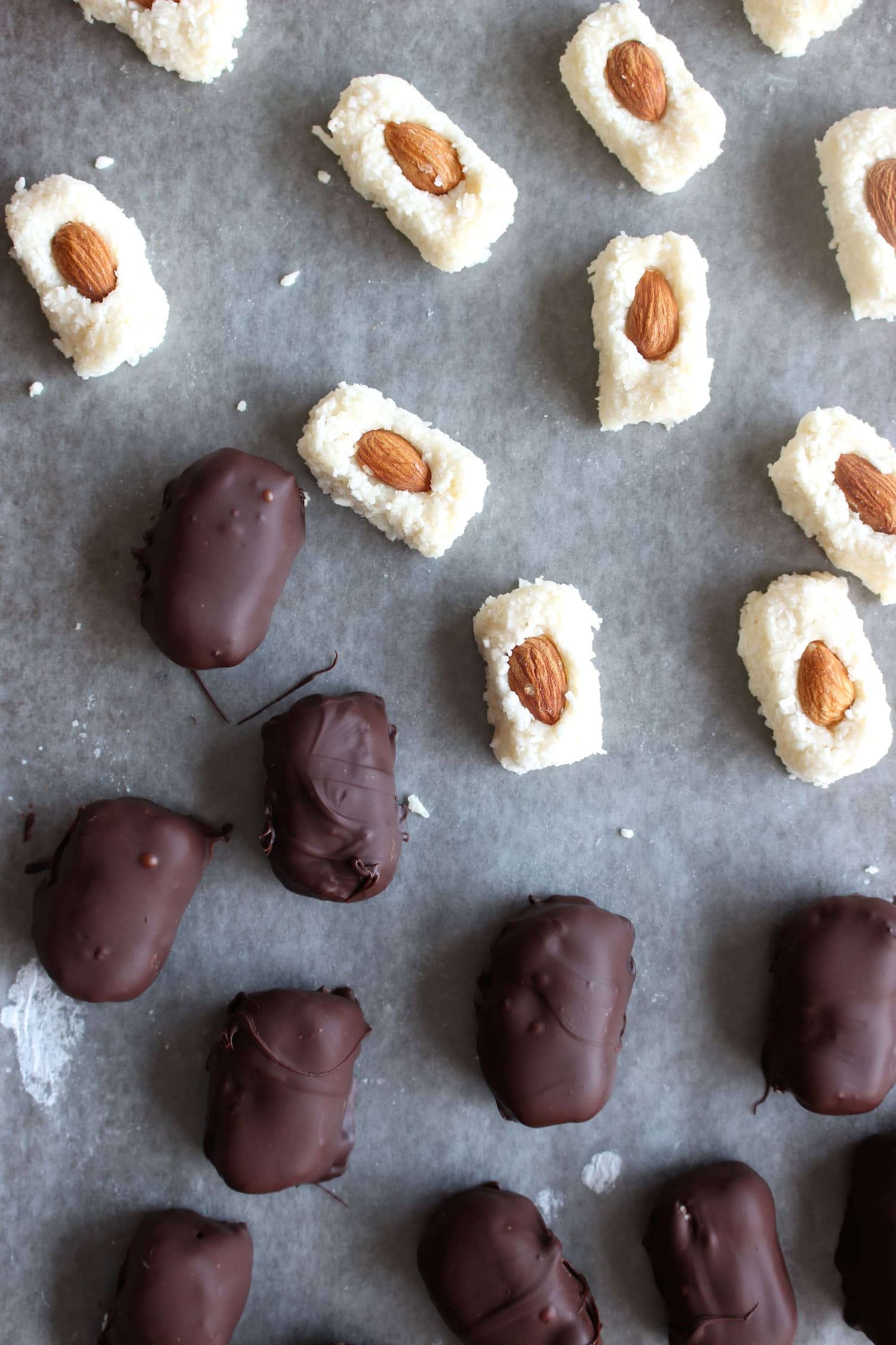 Homemade Almond Joys on parchment paper