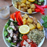 Cilantro Lemon Rice, Spicy Potatoes, Veggies & Tahini Dressing in a bowl