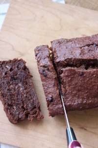 Double Chocolate Vegan Banana Bread being cut