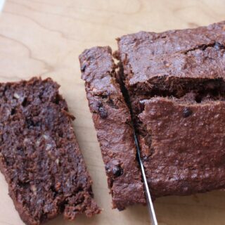 Double Chocolate Vegan Banana Bread being cut