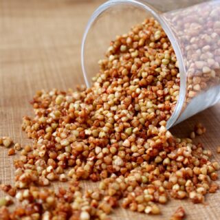 Caramelized Buckwheat Groats pouring out of jar