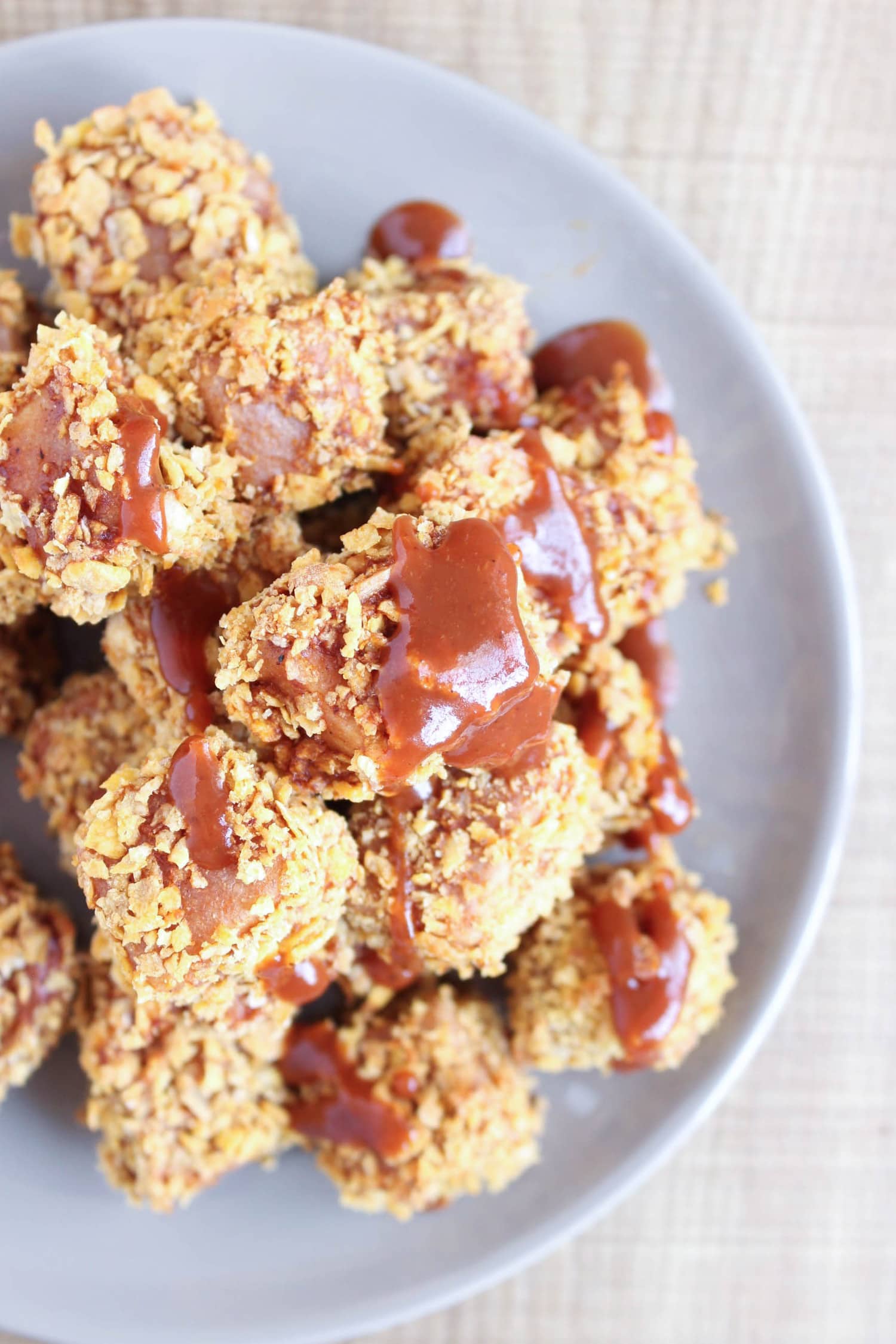 BBQ Baked Tofu nuggets on a plate top view