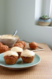 Vegan Carrot Cake Cupcakes with Cashew Frosting on a plate