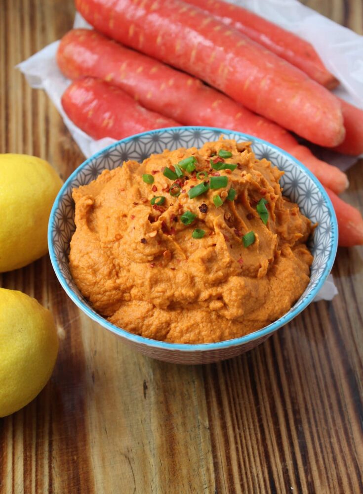 Beanless Carrot Hummus in a bowl
