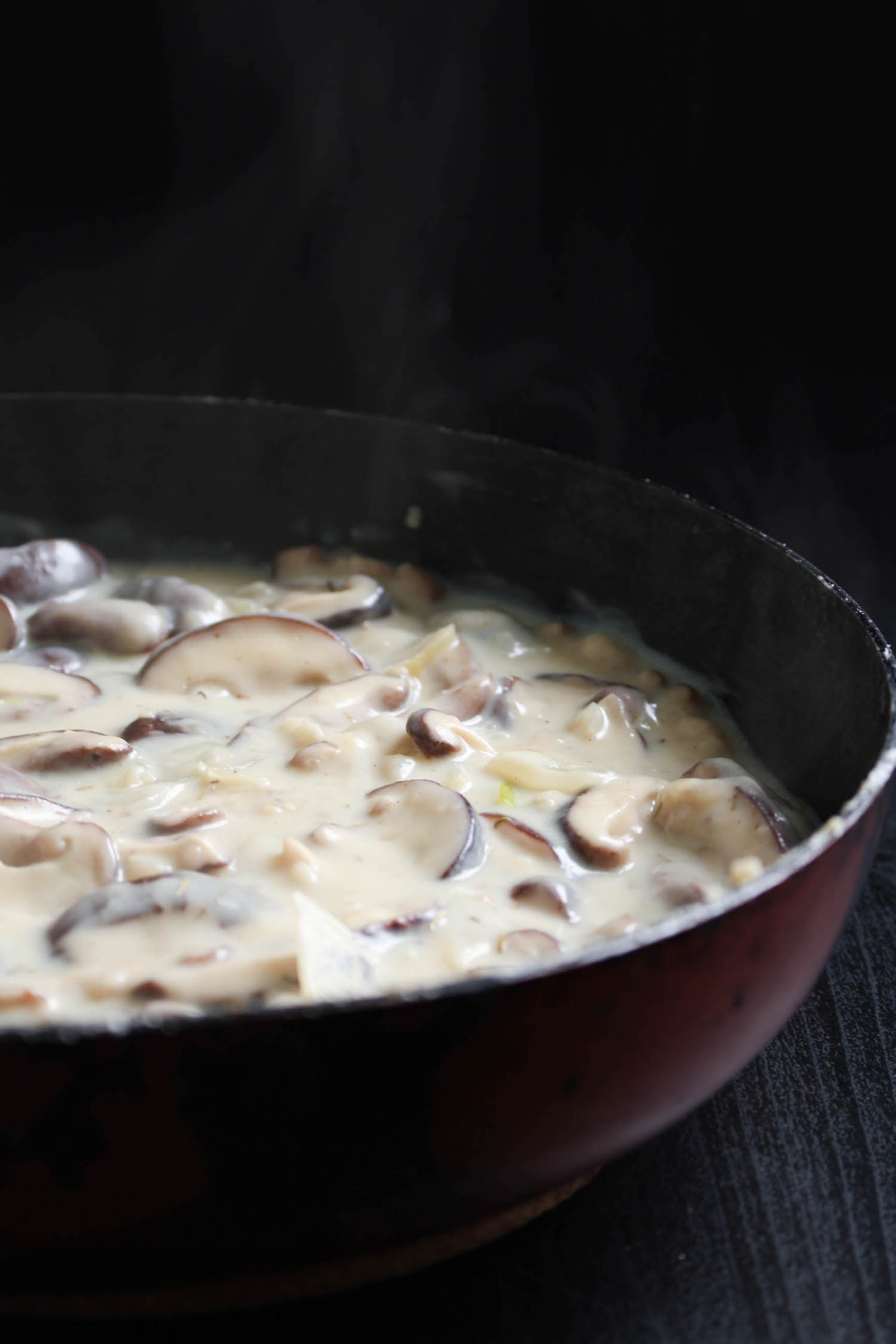 Creamy mushroom gravy in a pan