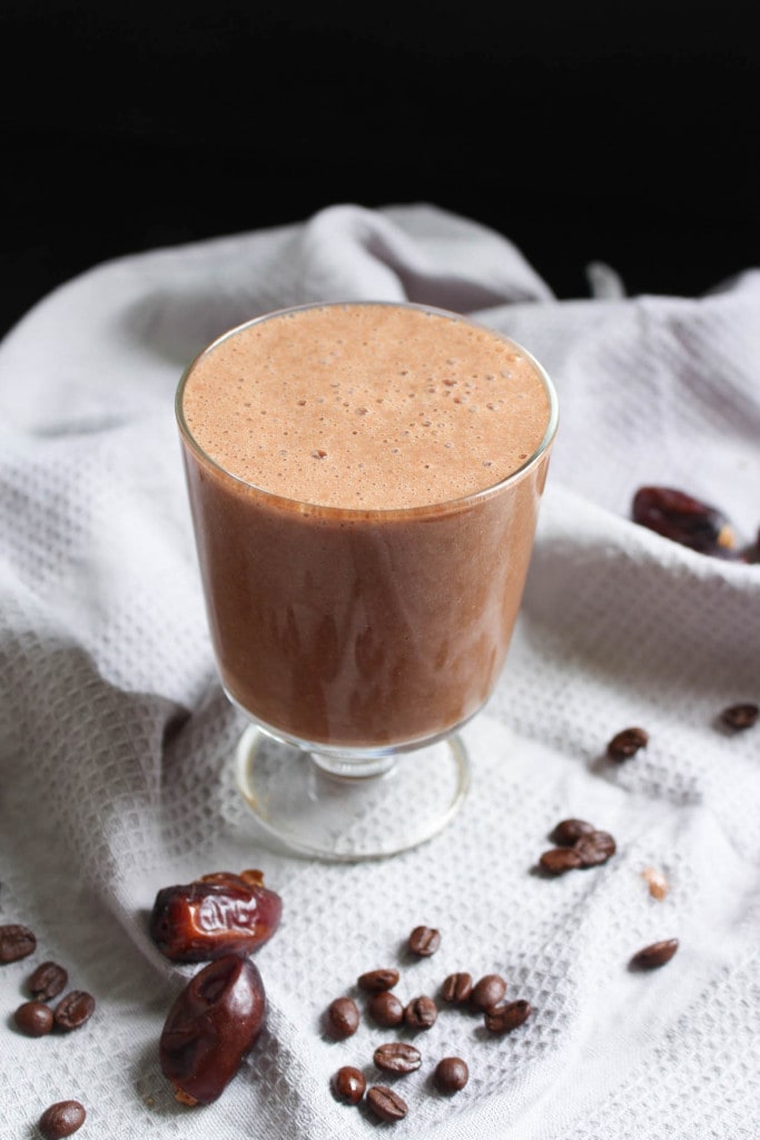 Healthy Dairy-Free Mocha Smoothie with coffee beans and dates