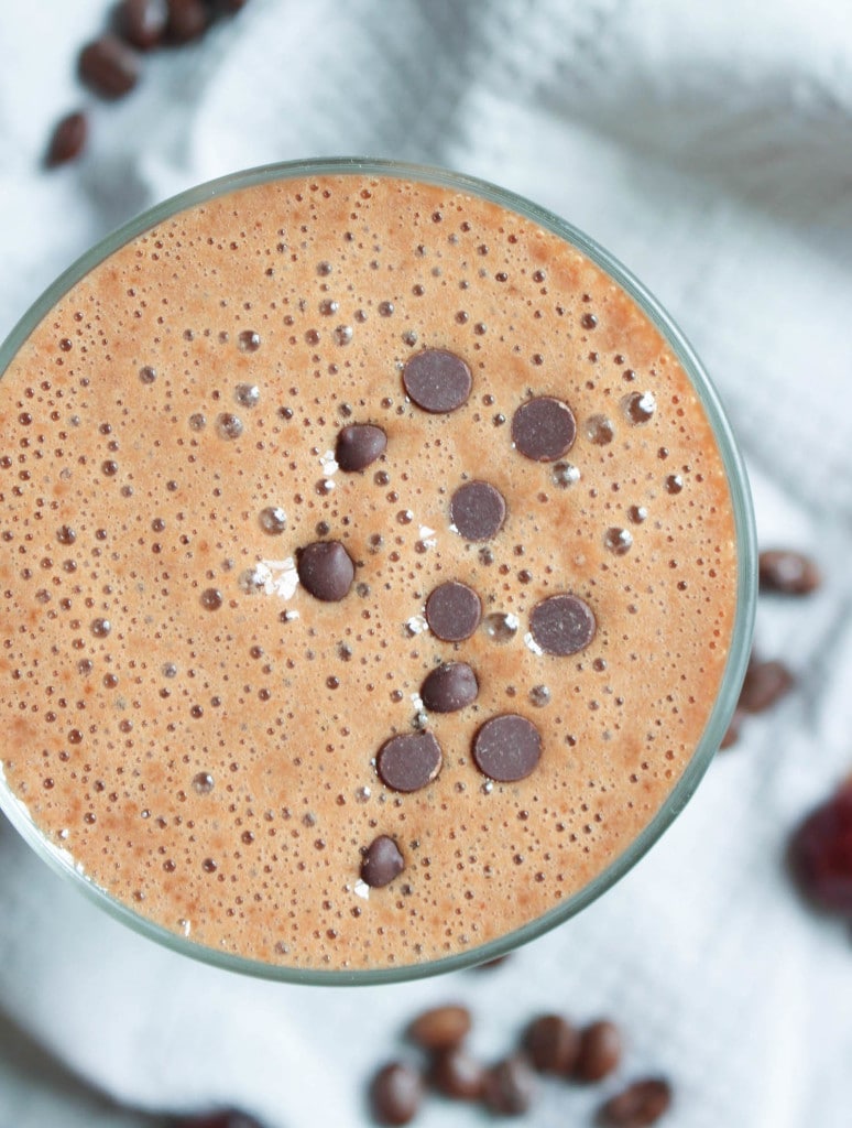 mini chocolate chips on top of a healthy dairy free mocha smoothie