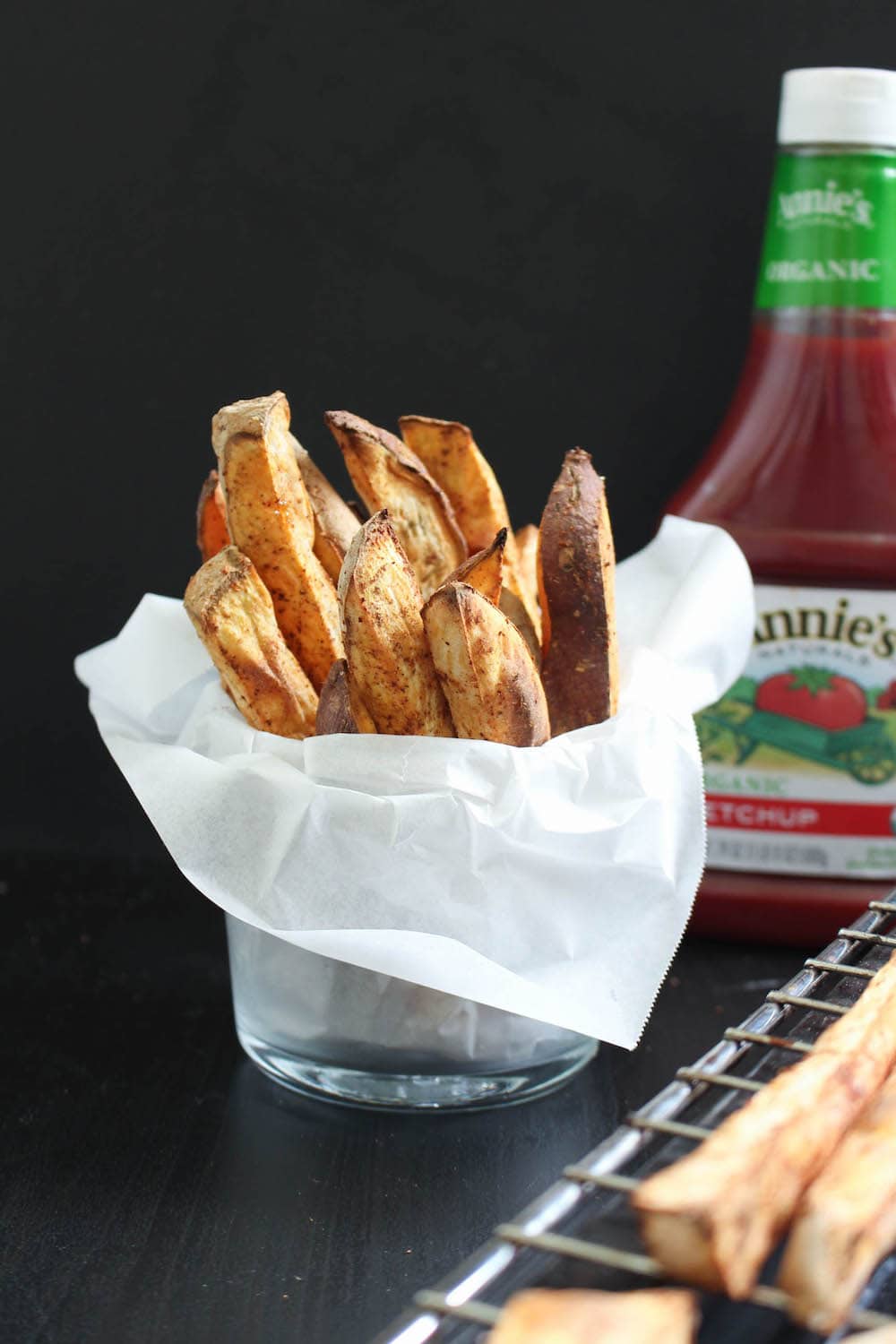Oil-Free Baked Sweet Potato Fries with ketchup