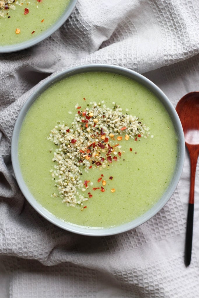 Vegan Broccoli Potato Soup topped with hemp seeds and chili flakes
