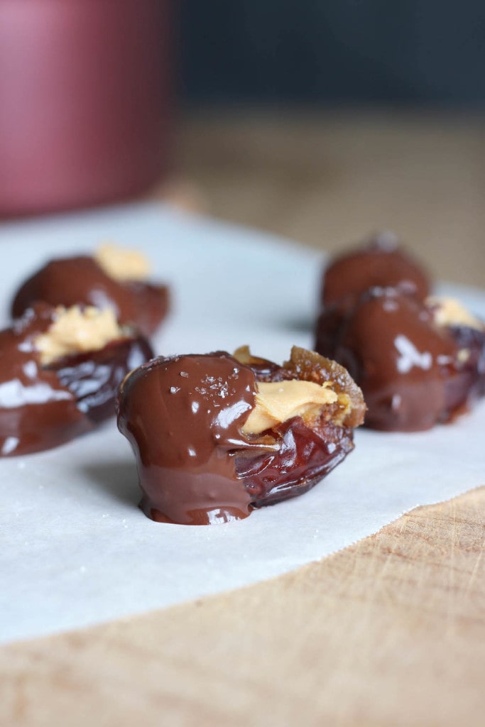 Salted Chocolate Covered Peanut Butter Stuffed Dates