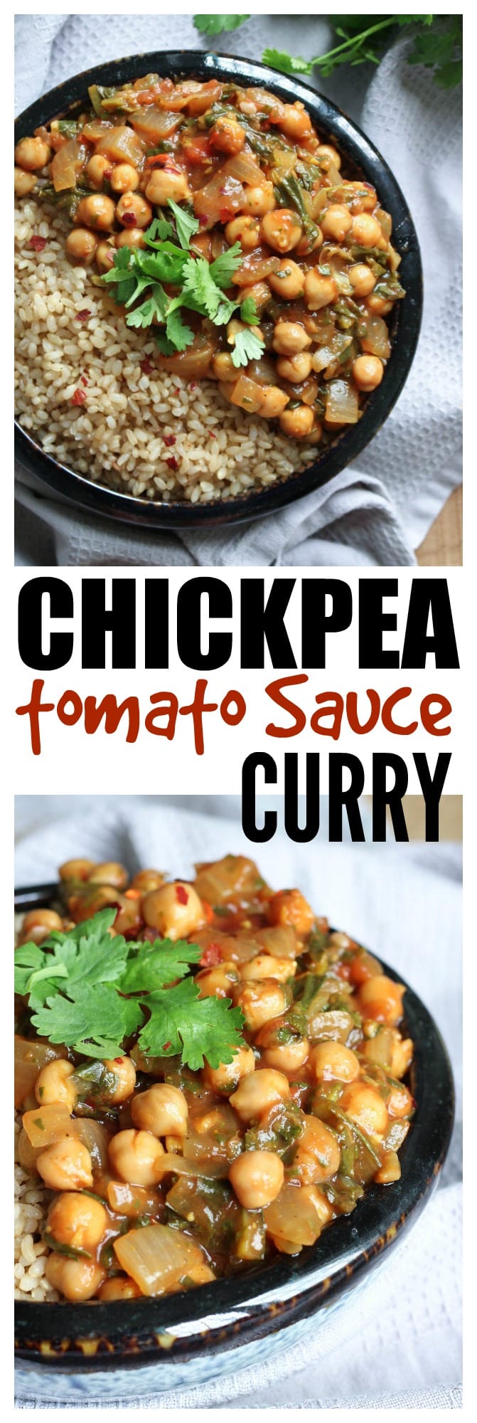 THE EASIEST Chickpea Tomato Sauce Curry! Made with spicy chili and ginger and infused with heaps of cilantro, this Easy Chickpea Tomato Sauce Curry is the perfect quick, weeknight meal. Vegan and Gluten Free!