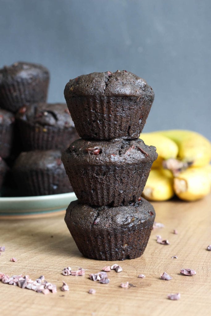 The BEST Double Chocolate Black Tahini Banana Muffins! These muffins are my newest obsession! Made with rich black tahini and gooey sweet chocolate, these Double Chocolate Black Tahini Banana Muffins are a healthy and delicious way to satisfy your sweet tooth!