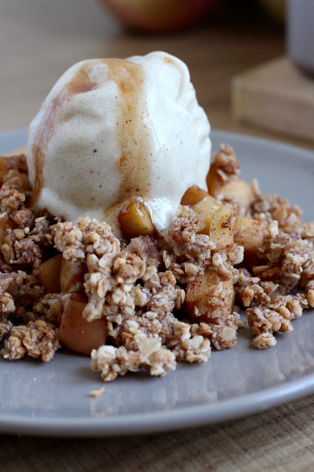 easy vegan apple crisp topped with vegan banana ice cream