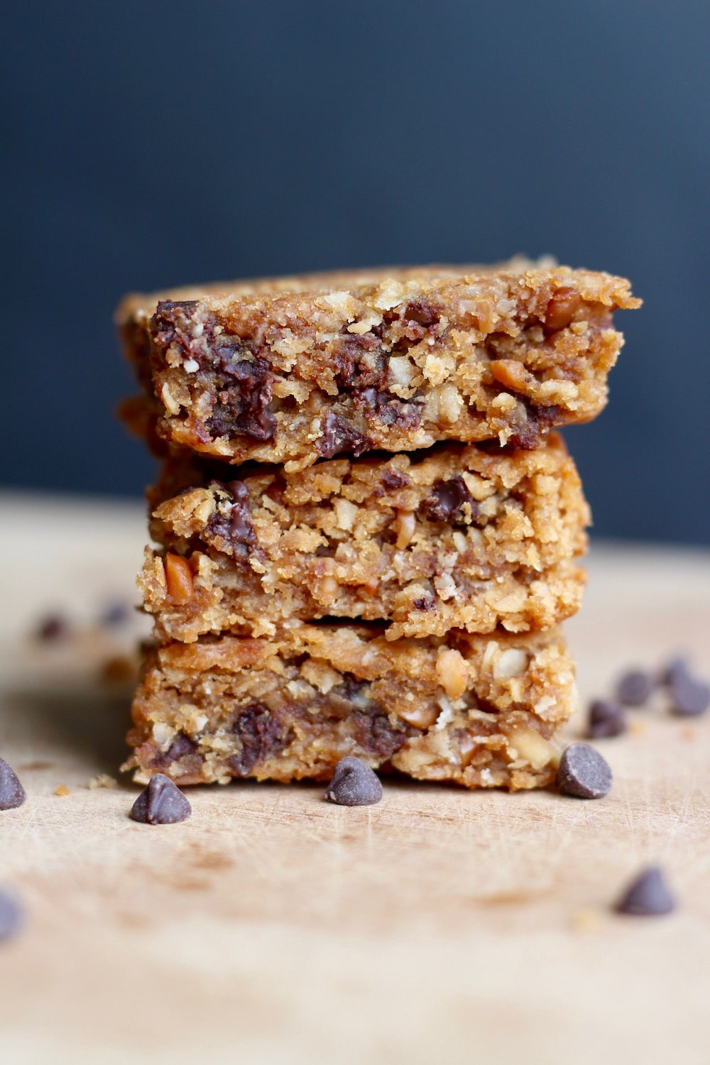 a stack of Gluten Free Peanut Butter Chocolate Chip Oatmeal Bars