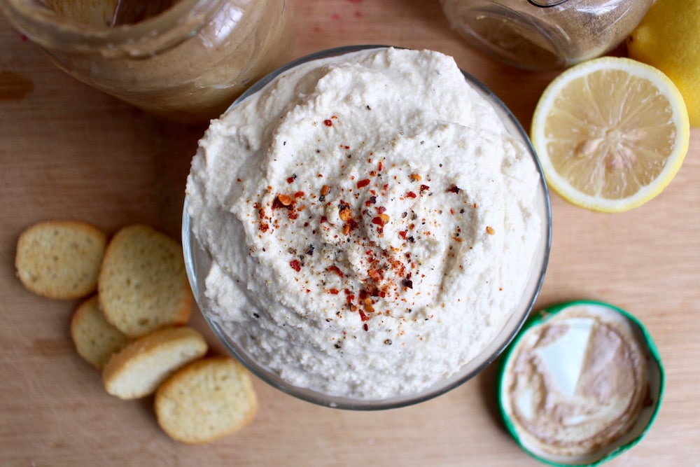 above shot of okara (soy milk pulp) hummus