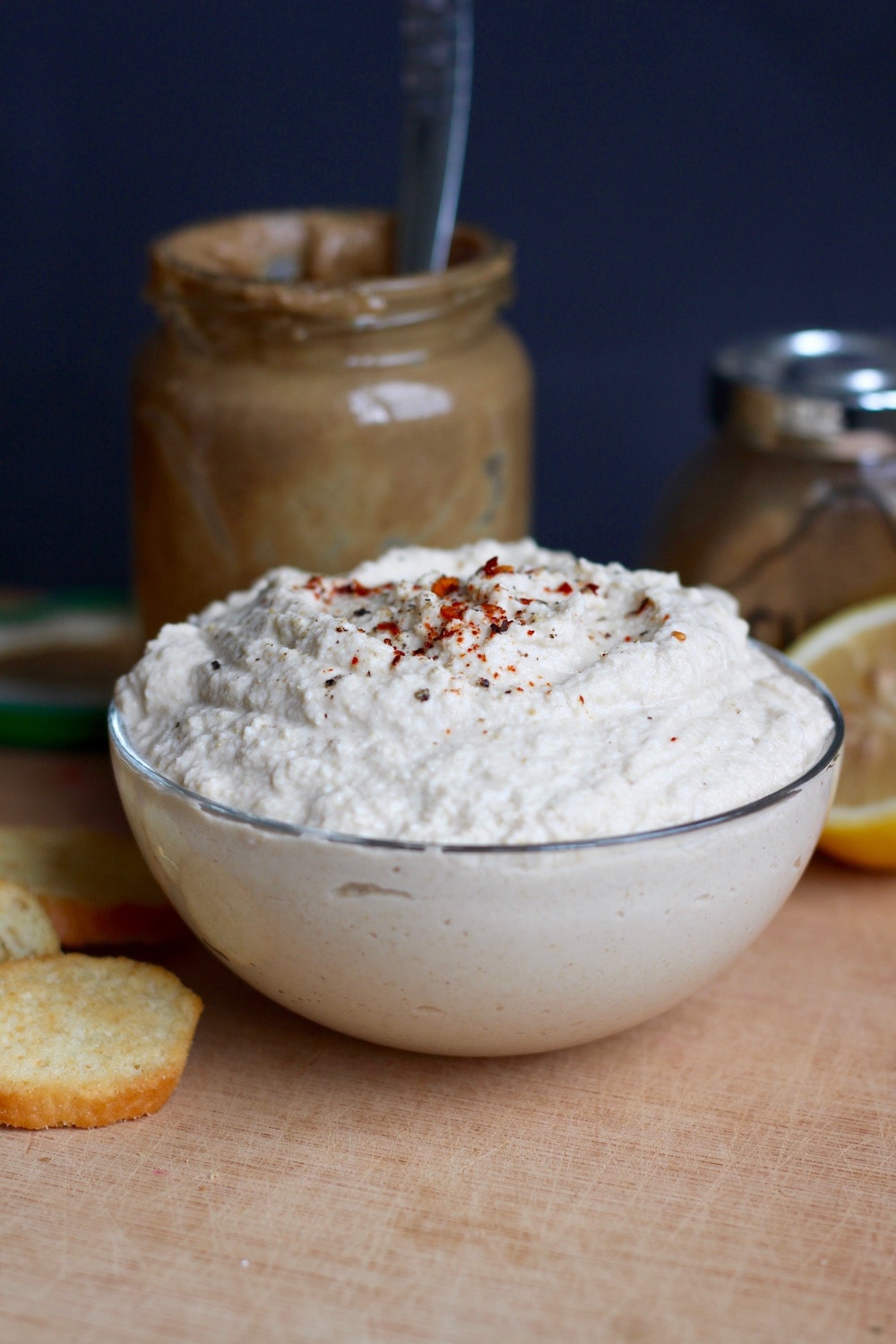 Okara (Soy Milk Pulp) Hummus heaped in a bowl