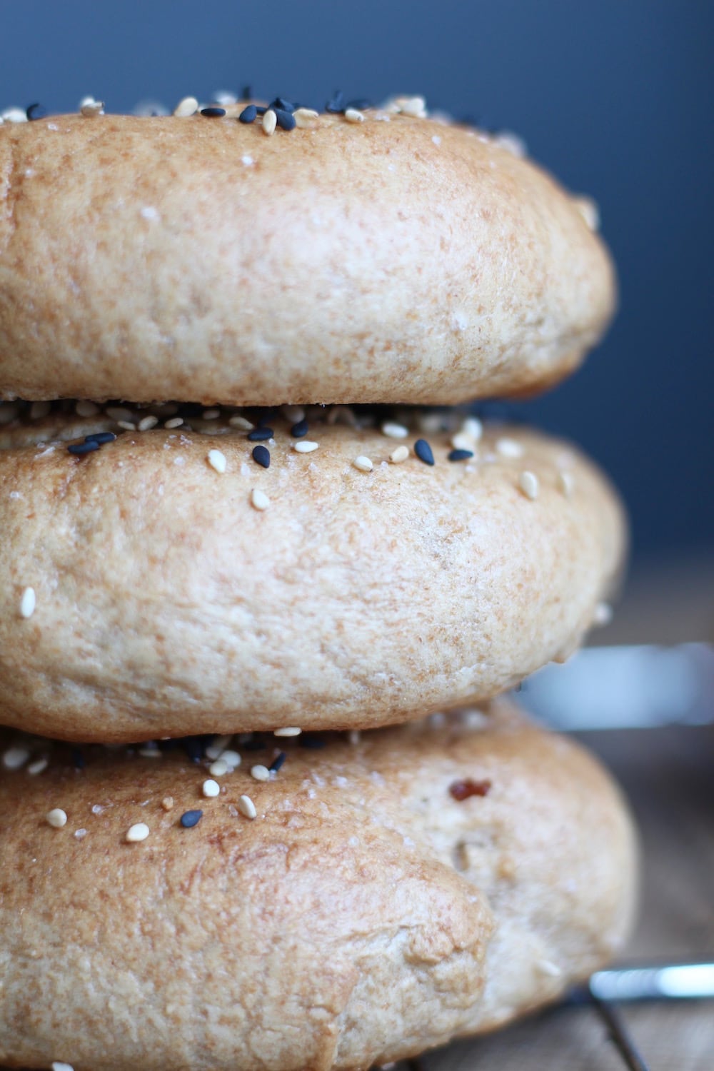 stacked Vegan Sesame Whole Wheat Bagels