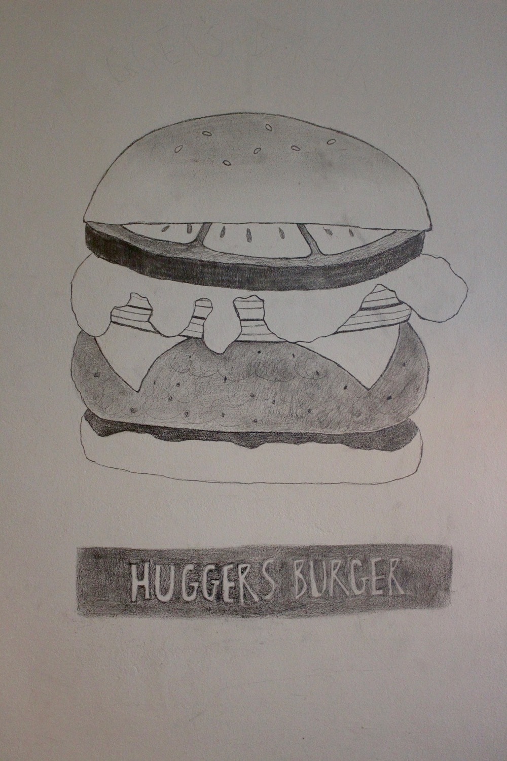 a pencil drawing of HUGGERS BURGER joint