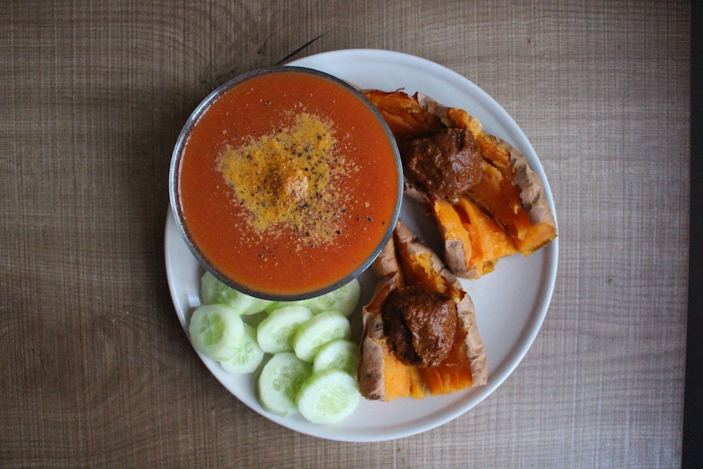 Tomato Zucchini Soup, cucumber and baked sweet potatoes