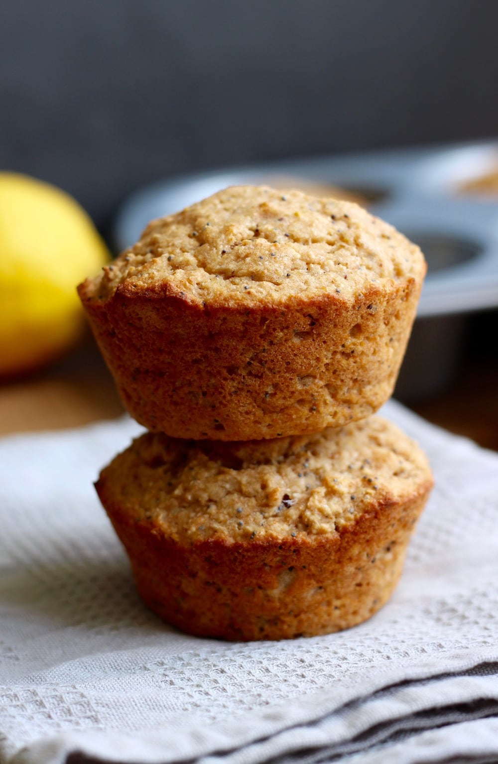 Lemon Poppy seed muffins stacked on each other