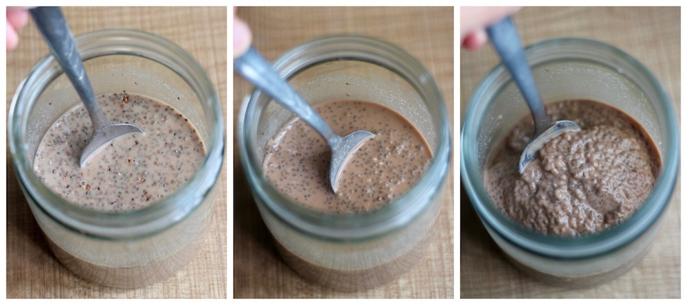 3 section image showing a time lapse of how chia seed pudding gets thicker as it sits