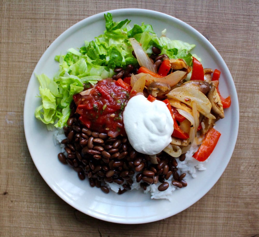 Fajita Bowls Homemade Roasted Blender Salsa, Fajita Vegetables, Vegan Sour Cream, Mexican Pressure Cooker Black Beans, white rice and lettuce