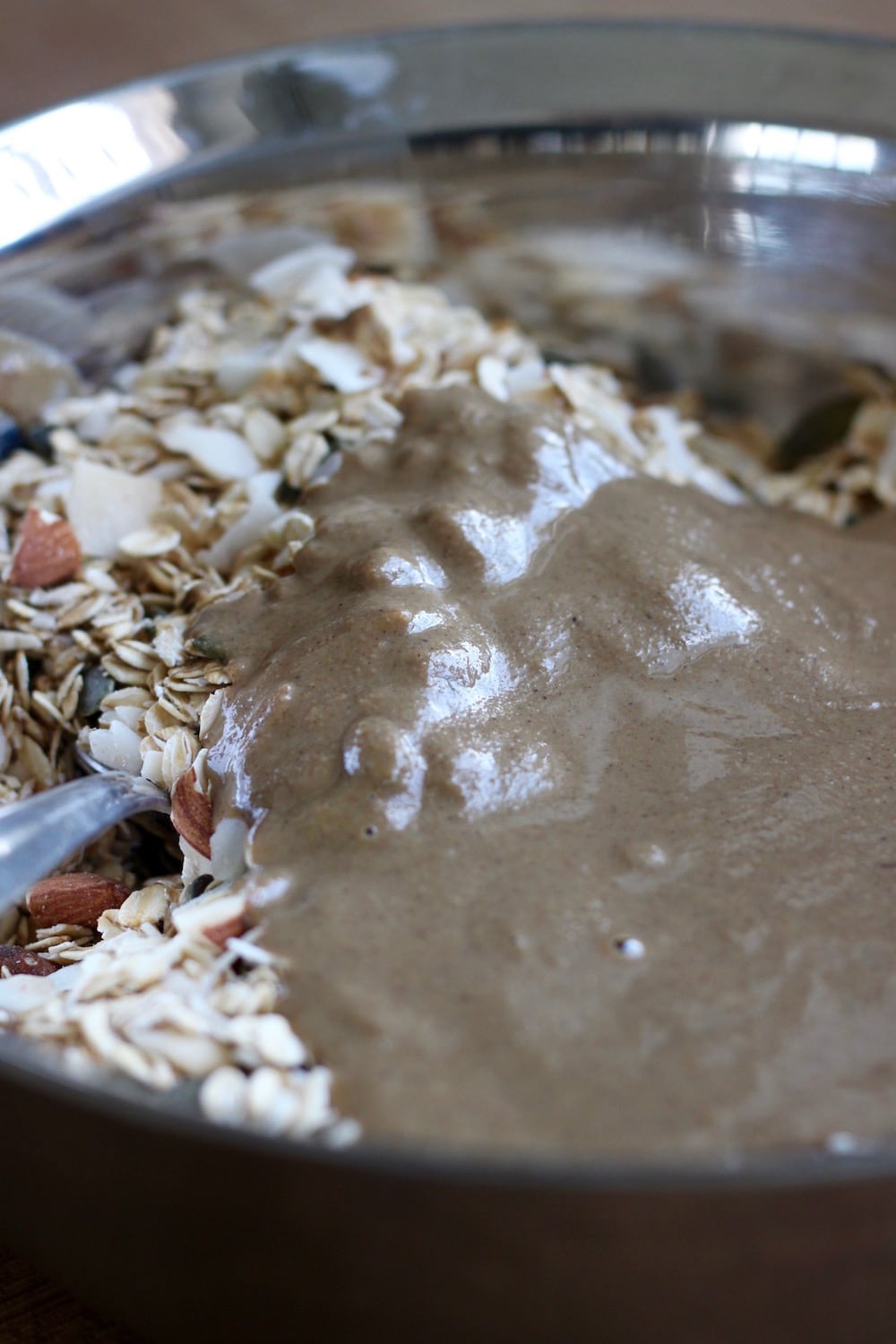 tahini added to the mix of dry ingredients