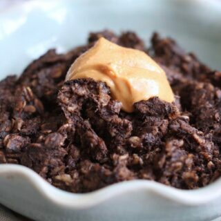 Vegan Brownie Batter Chocolate Baked Oatmeal in a bowl