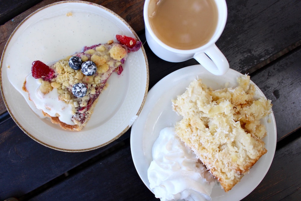 berry tart with soy cream and pineapple coconut cake with whipped cream