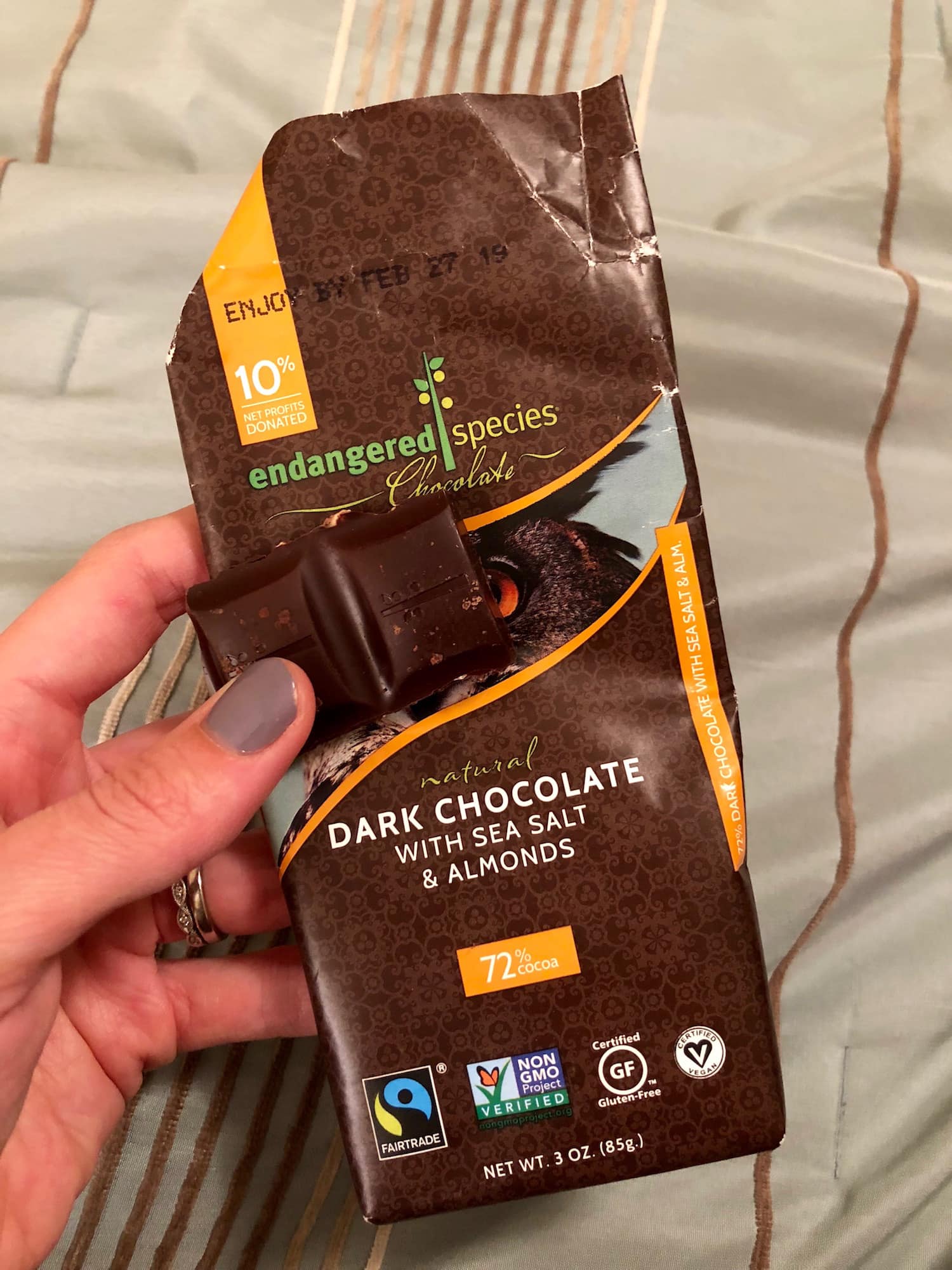 a bar of Endangered Species Dark Chocolate with Almonds and Sea Salt