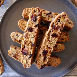 Vegan Cranberry Pistachio Biscotti on a plate