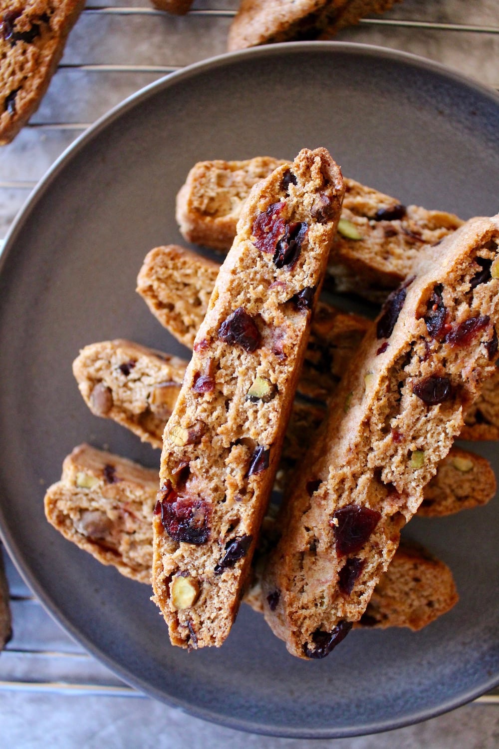 stacked Vegan Cranberry Pistachio Biscotti