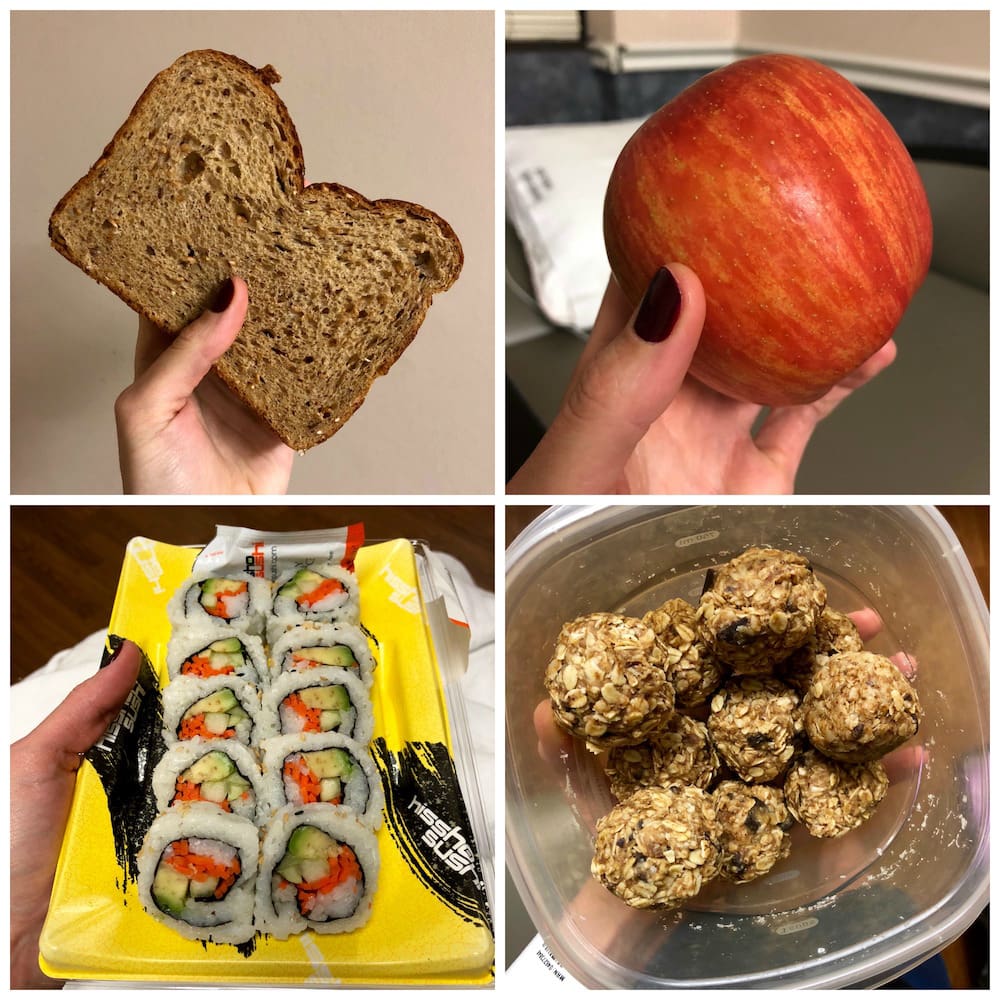 Faith's meal during labor: banana sandwich,an apple, vegetable sushi, and energy bites