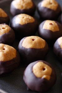 Vegan Buckeyes on a pan close up