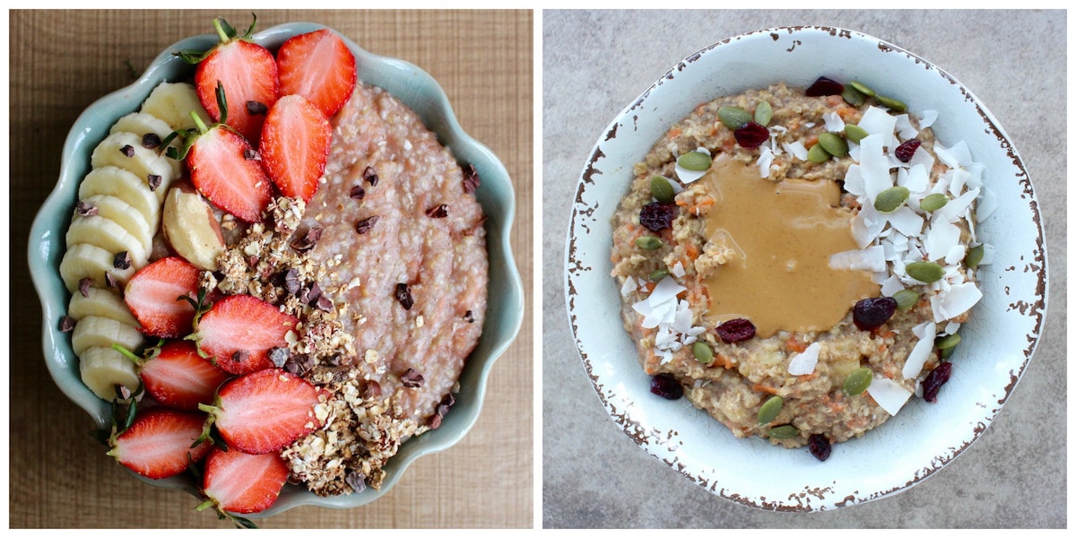 collage of strawberry banana oatmeal and coconut seed oatmeal with zucchini and carrots