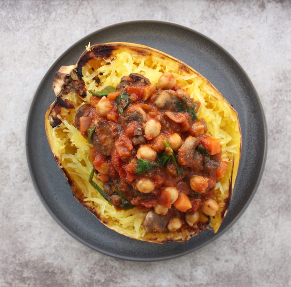 Spaghetti squash topped with mushroom and chickpea marinara