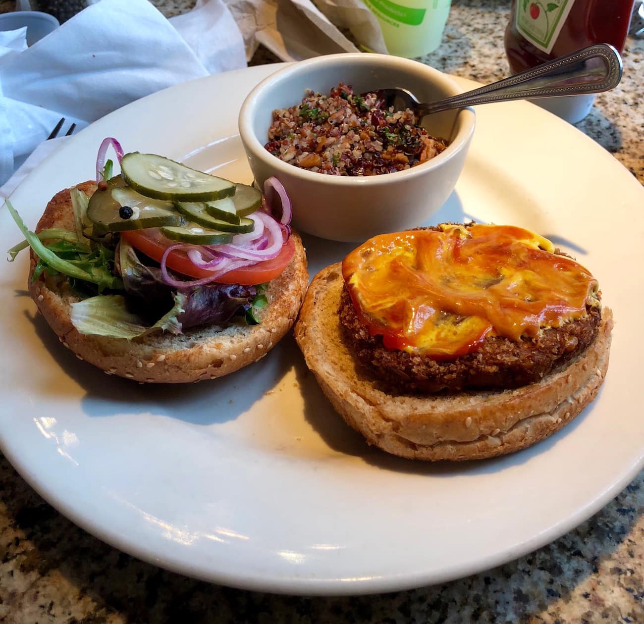 Hempseed burger from Bella Green in Houston with quinoa side salad