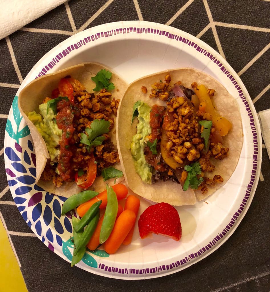 tacos with refried beans, tempeh, avocado and my sister-in-law's amazing homemade salsa