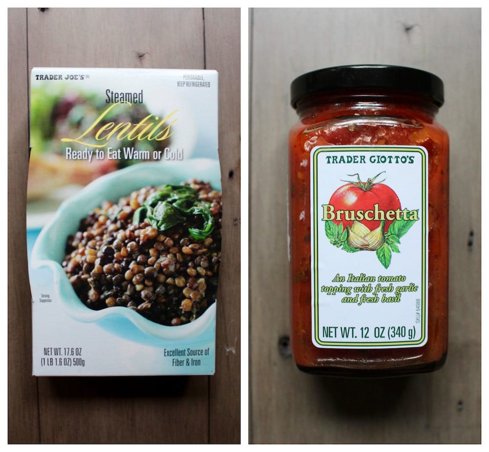 trader joe's steamed lentils package and trader giotto's bruschetta jar