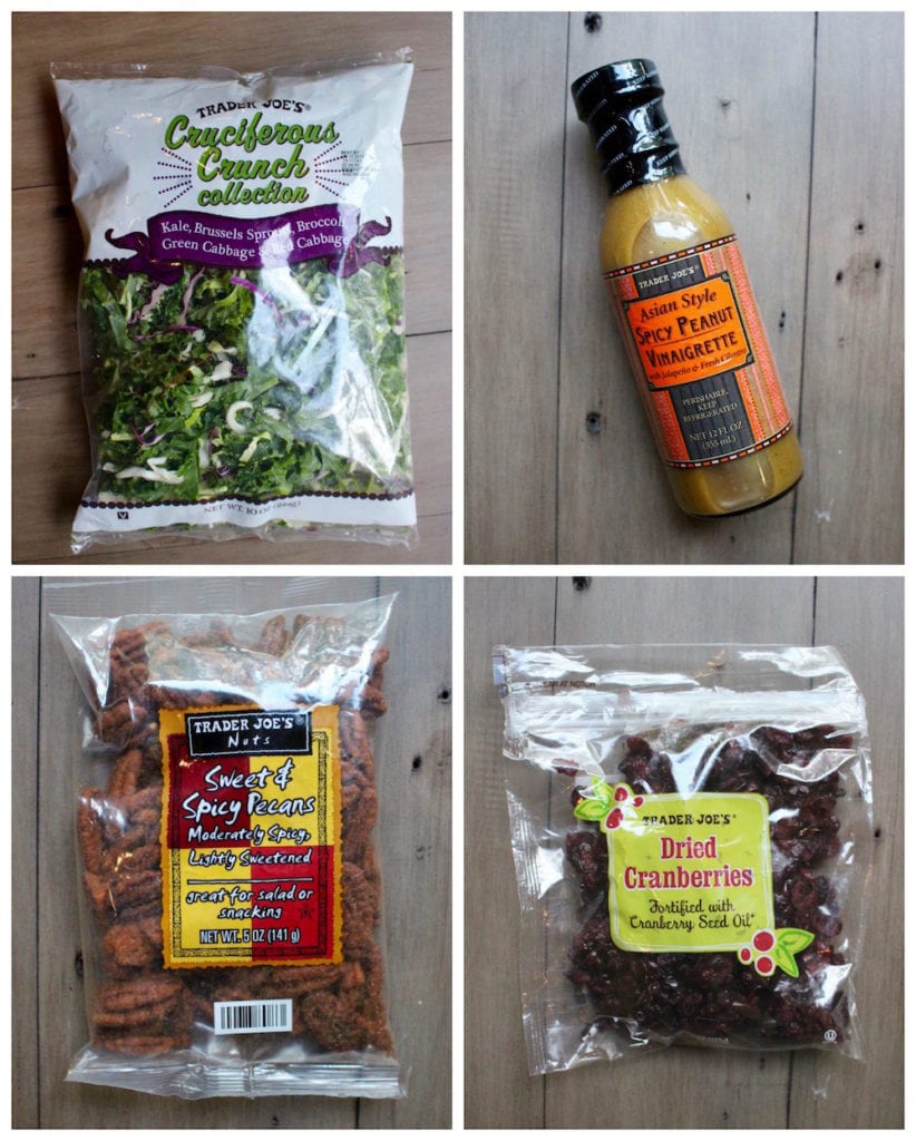 a collage of 4 Trader Joe's ingredients including cruciferous crunch, spicy peanut vinaigrette, sweet and spicy pecans and dried cranberries