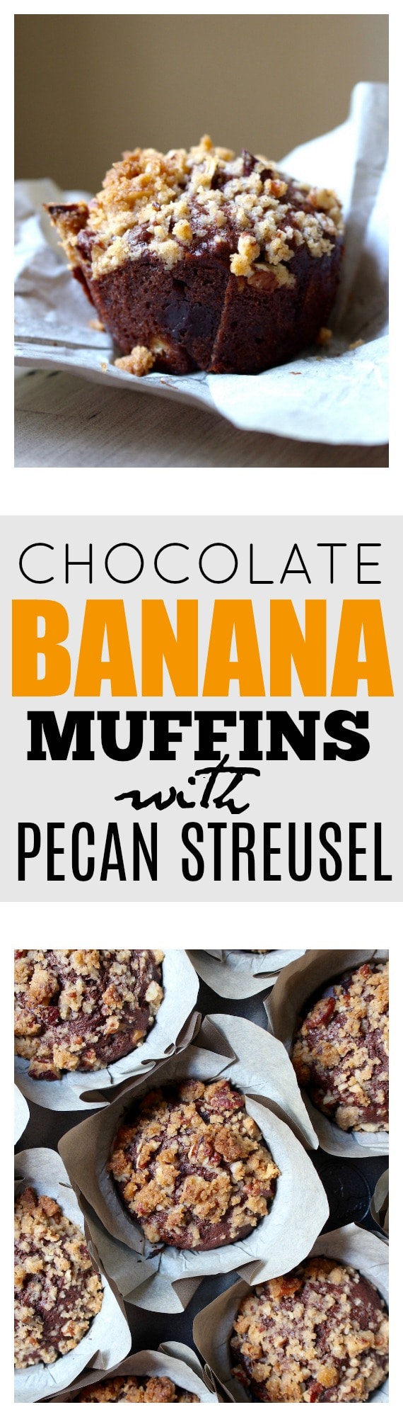 Sweetened partly with banana and sprinkled with sweet pecan streusel, these Vegan Chocolate Banana Muffins with Pecan Streusel are a decadent way to start your day!