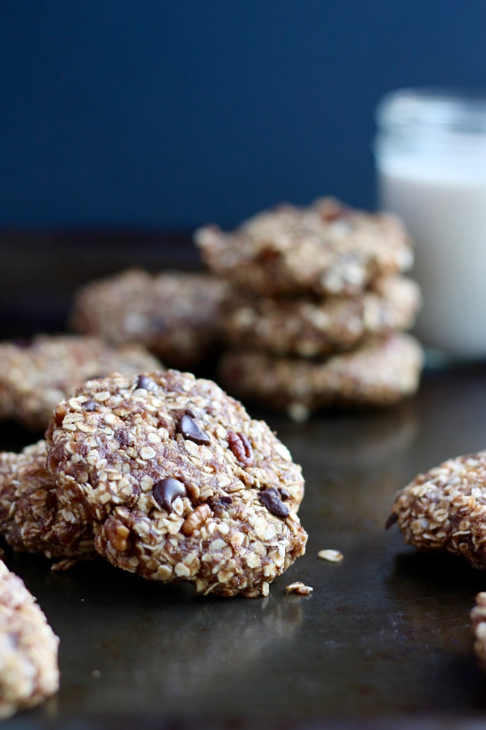 No bake vegan breakfast cookies stacked on a pan