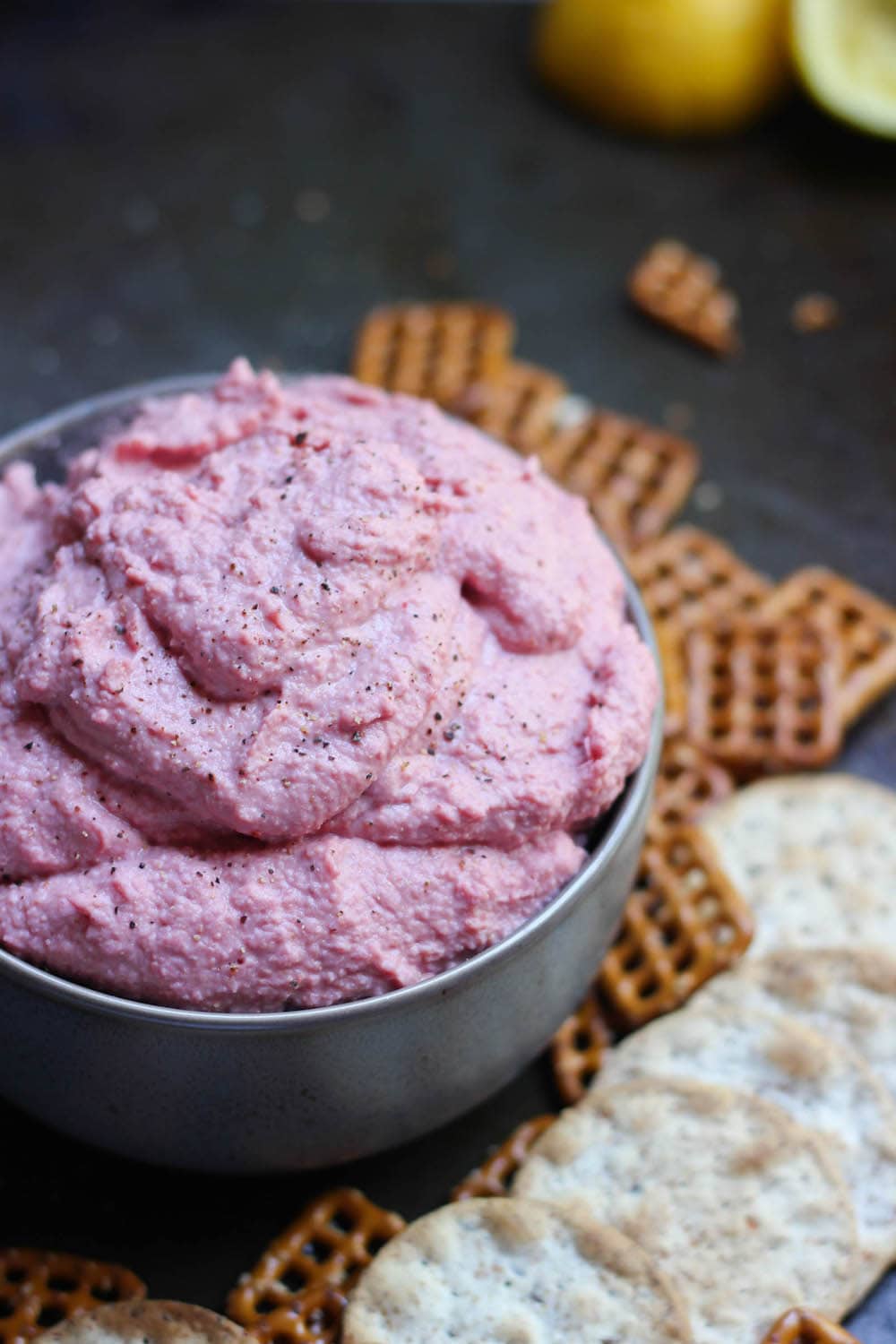 Oil Free Beetroot Hummus Recipe with pretzels and crackers