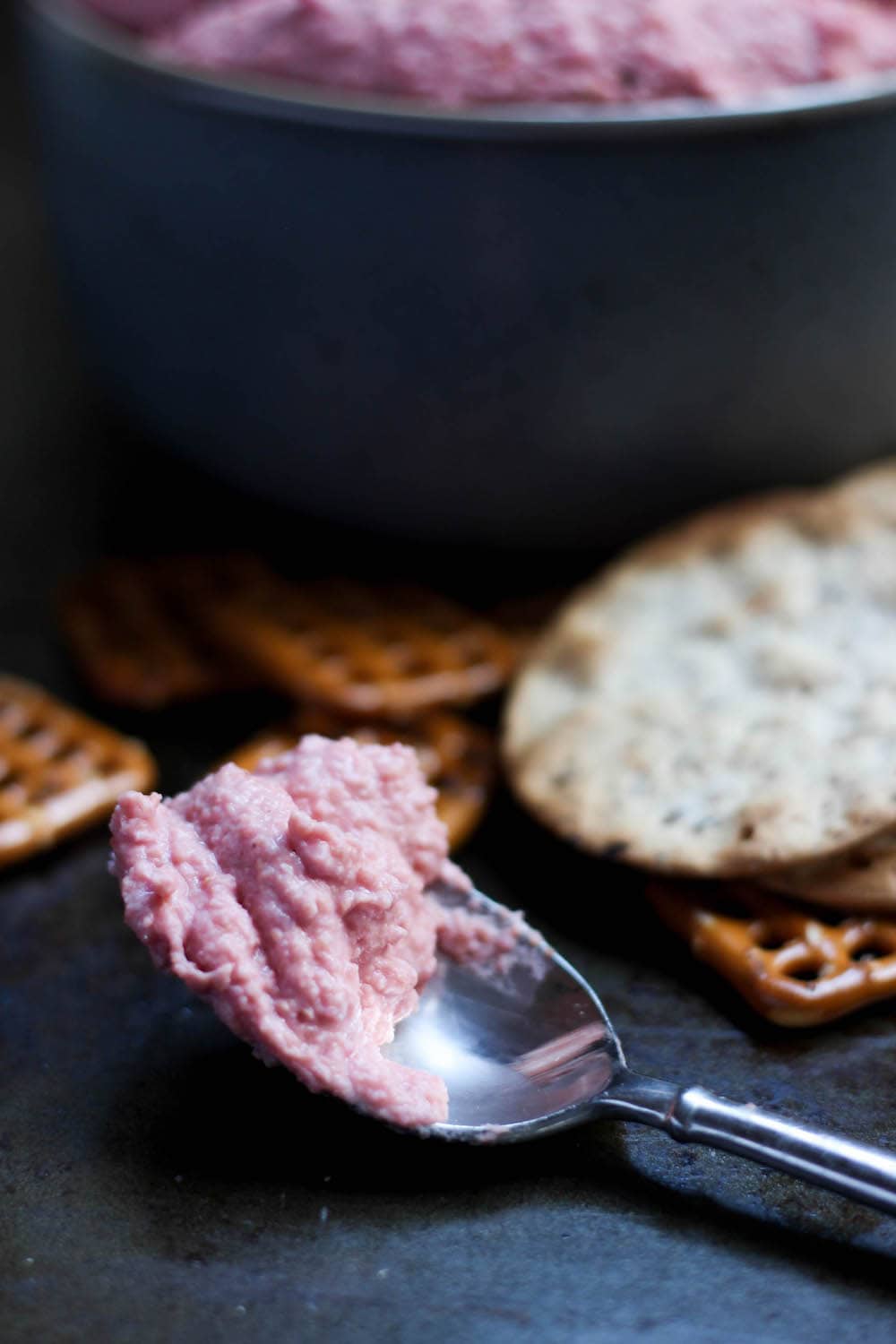 Oil Free Beetroot Hummus Recipe on spoon